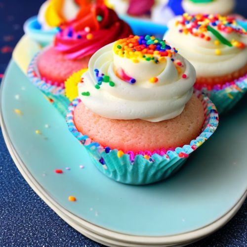 How to make a cupcake at home? Secrets to good cupcakes. 4 A colorful vanilla cupcake with white buttercream frosting and rainbow sprinkles on a light blue plate. The cupcake is moist and fluffy with a rich vanilla flavor and a smooth buttercream frosting. Decorated with mix colors of sprinkles such as red orange yellow green blue and purple. The plate is round and ceramic with a white rim and a light blue center.