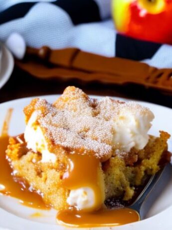 How to Make a Delicious Apple Dump Cake with Fresh Apples? Apple Dump Cake Recipe 3 Apple Dump Cake recipe. A slice of apple dump cake on a white plate with a scoop of vanilla ice cream and some caramel on top.