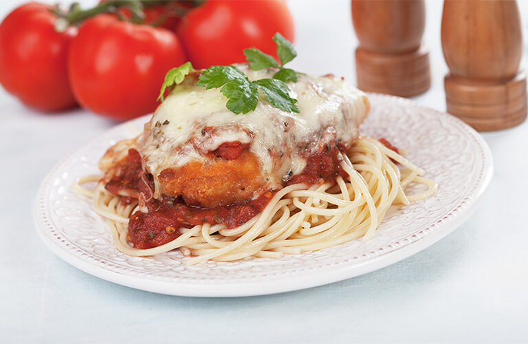 Chicken Parmesan Recipe, served with Pasta: Easy Italian-American Dish 3 Chicken parmesan recipe with spaghetti pasta