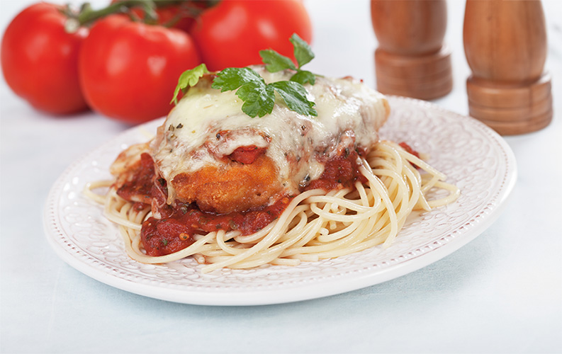 Chicken Parmesan Recipe, served with Pasta: Easy Italian-American Dish 2 Chicken parmesan with spaghetti pasta Recipe