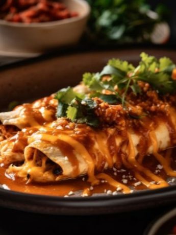 Irresistibly Smoky Chipotle Chicken Enchiladas – A Flavor-Packed Feast 2 enchiladas with a smoky chipotle sauce and strips of chicken on a plate chipotle chicken enchiladas; smoky chipotle chicken; spicy chicken enchiladas; smoky chicken enchiladas; baked chicken